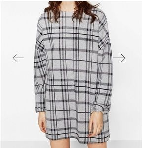 Zara Plaid Mini Lagenlook Dress With Dropped Puff Long Sleeves Size Large